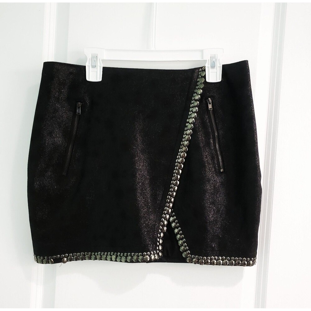 BEBE Glitter Sparkly Shiny Black Mini Skirt Studded Hem Size 2 -FLAWS